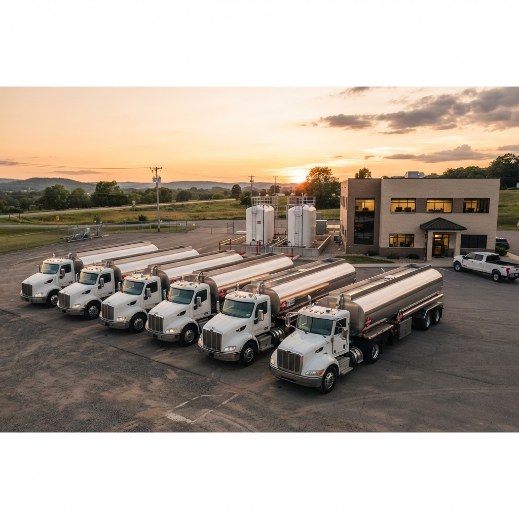 Petroleum tanker trucks parked at a fuel distributor facility with small storage tanks and an office building at golden hour