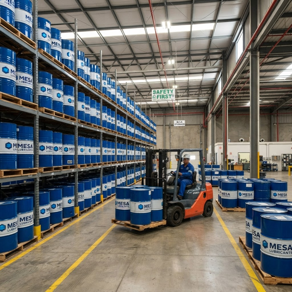 Blue and silver lubricant drums stacked in a distribution warehouse